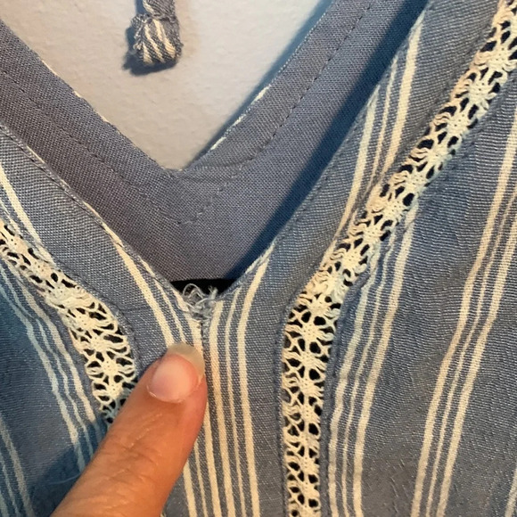 Abercrombie & Fitch size XL blue chambray and white lace shoulder romper shorts - Picture 2 of 6